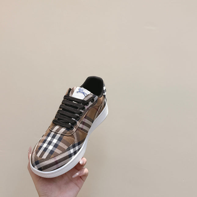 BURBERRY 26S PLAID TERRACE SNEAKERS IN BROWN CANVAS