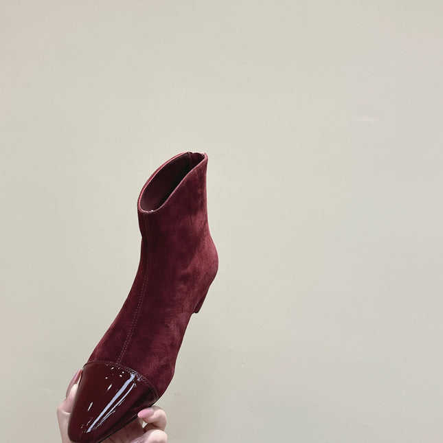 ALAIA 26S ANKLE BOOTS IN DARK RED SUEDE AND GLOSSY CALFSKIN