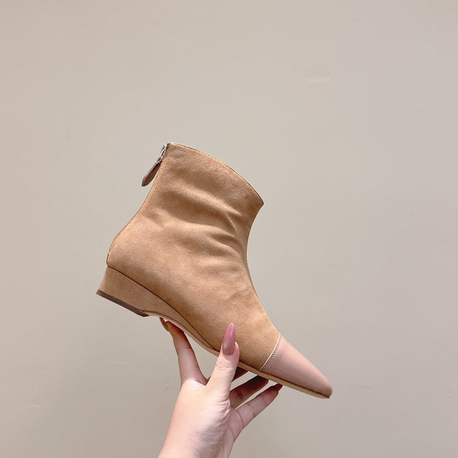 ALAIA 26S ANKLE BOOTS IN DARK BEIGE SUEDE AND GLOSSY CALFSKIN