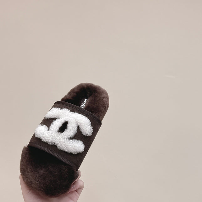 CHANEL 25S FUR SLIPPERS DOUBLE-LAYERED IN DARK BROWN WITH WHITE CC LOGO