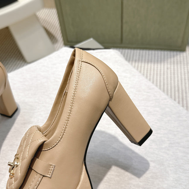 CHANEL 25S HIGH-HEELED MOCCASINS 80MM IN LIGHT TAN CALFSKIN GOLD HARDWARE