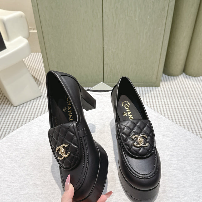 CHANEL 25S HIGH-HEELED MOCCASINS 80MM IN BLACK CALFSKIN GOLD HARDWARE