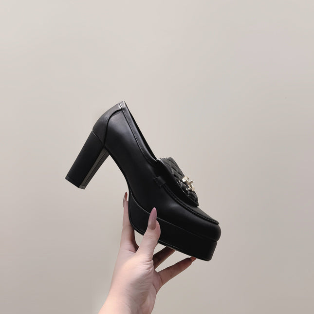 CHANEL 25S HIGH-HEELED MOCCASINS 80MM IN BLACK CALFSKIN GOLD HARDWARE