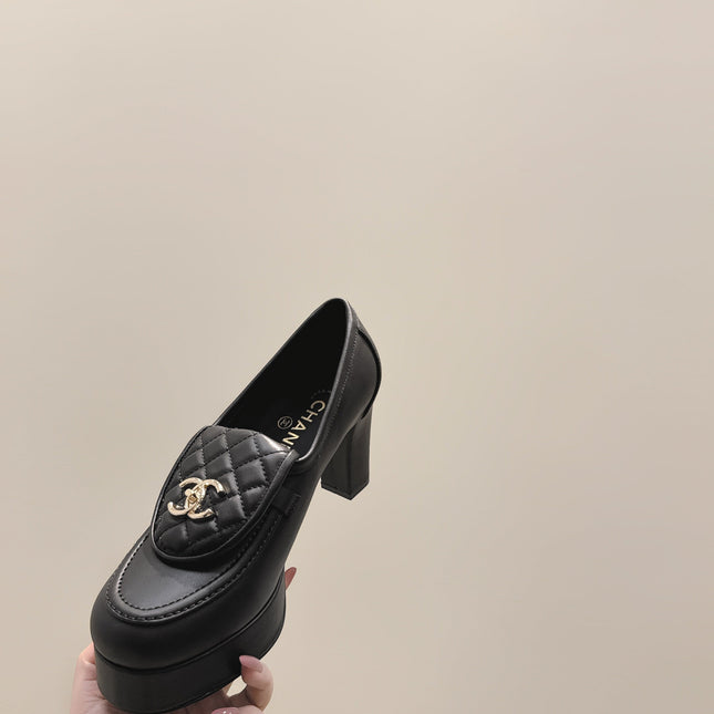CHANEL 25S HIGH-HEELED MOCCASINS 80MM IN BLACK CALFSKIN GOLD HARDWARE