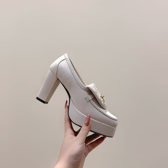 CHANEL 25S HIGH-HEELED MOCCASINS 80MM IN WHITE CALFSKIN GOLD HARDWARE