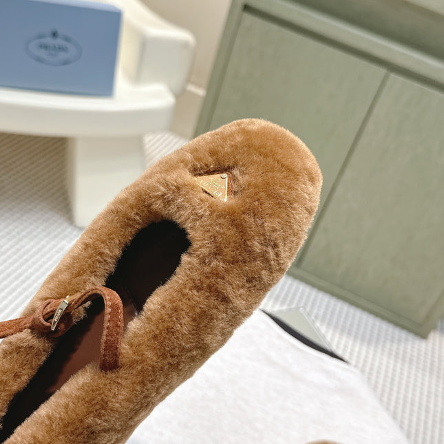 PRADA 25S MARY JANE BALLET FLATS IN BROWN FUR