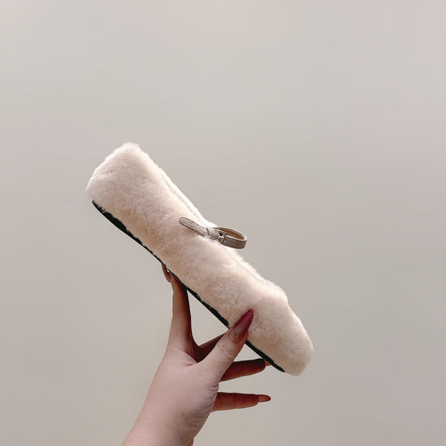 PRADA 25S MARY JANE BALLET FLATS IN LIGHT BEIGE FUR