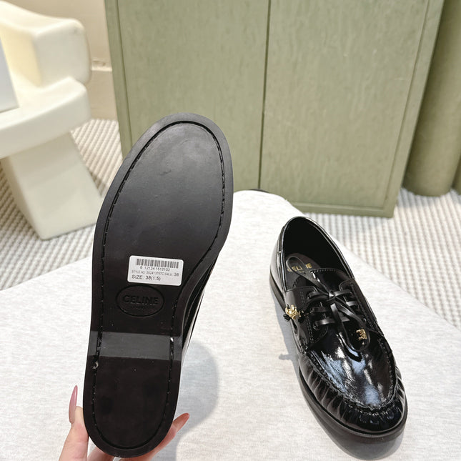 CELINE 26S LACE-UP LOAFERS IN BLACK GLOSSY CALFSKIN