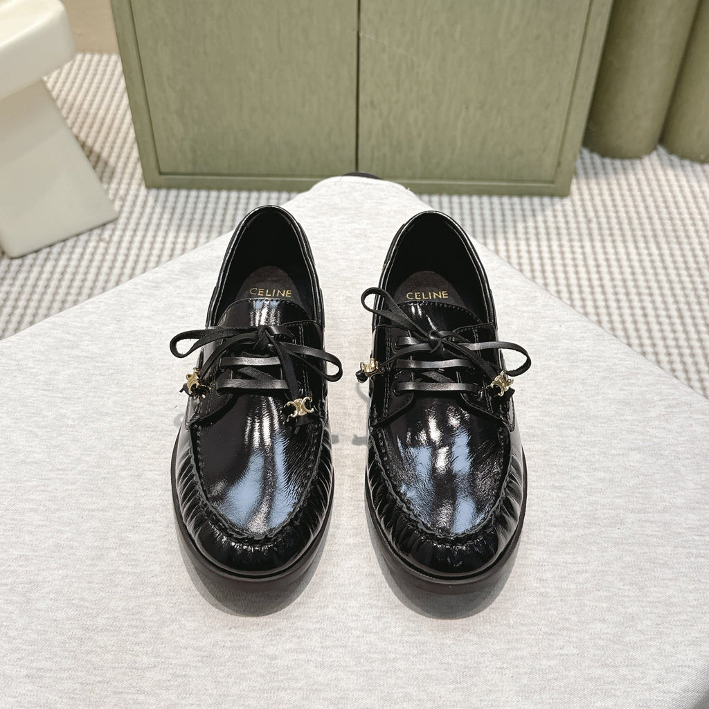 CELINE 26S LACE-UP LOAFERS IN BLACK GLOSSY CALFSKIN