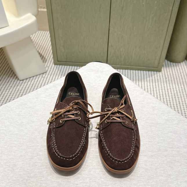 CELINE 26S LACE-UP LOAFERS IN DARK BROWN SUEDE