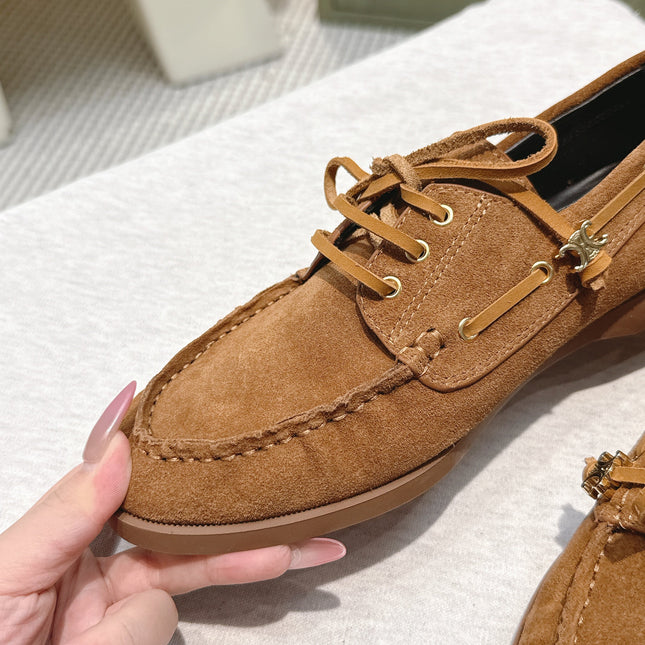 CELINE 26S LACE-UP LOAFERS IN BROWN SUEDE
