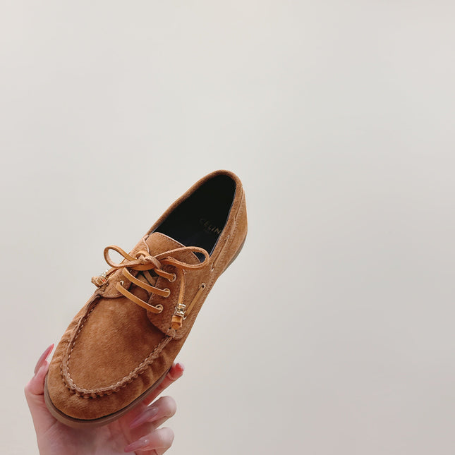 CELINE 26S LACE-UP LOAFERS IN BROWN SUEDE