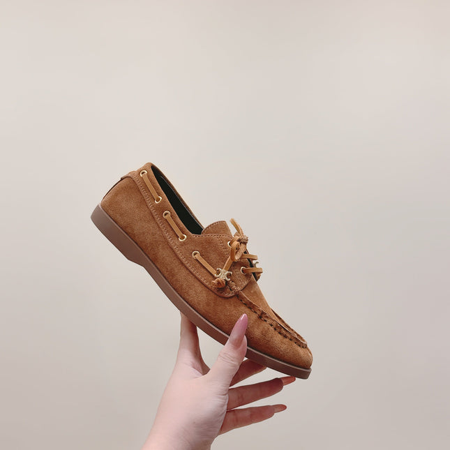 CELINE 26S LACE-UP LOAFERS IN BROWN SUEDE