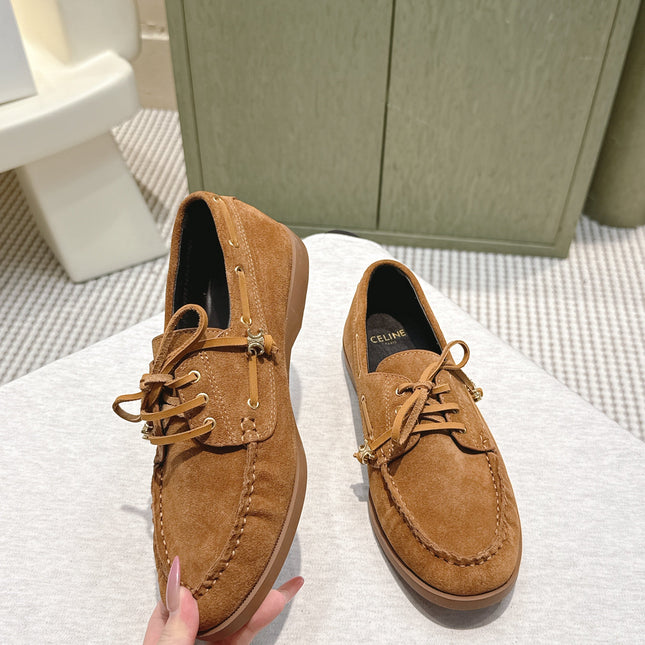 CELINE 26S LACE-UP LOAFERS IN BROWN SUEDE