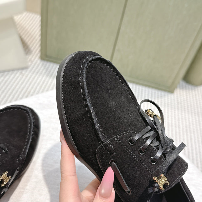 CELINE 26S LACE-UP LOAFERS IN BLACK SUEDE
