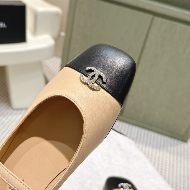 CHANEL 25S MARY JANE FLATS IN BEIGE LAMBSKIN WITH BLACK CAP TOE SILVER HARDWARE