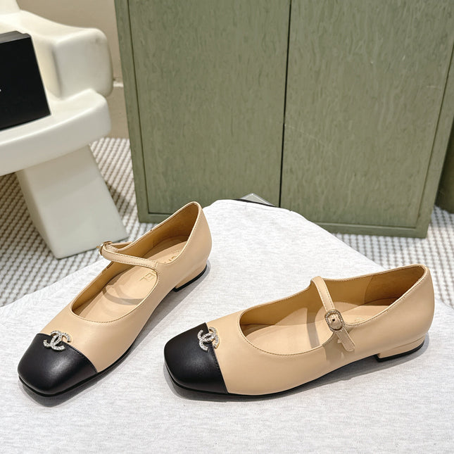 CHANEL 25S MARY JANE FLATS IN BEIGE LAMBSKIN WITH BLACK CAP TOE SILVER HARDWARE