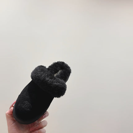 CHANEL 25S FUR-LINED MULES IN BLACK SUEDE