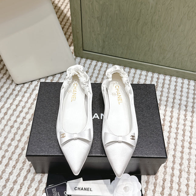 CHANEL 25S MARY JANE BALLET FLATS IN WHITE SILK SATIN