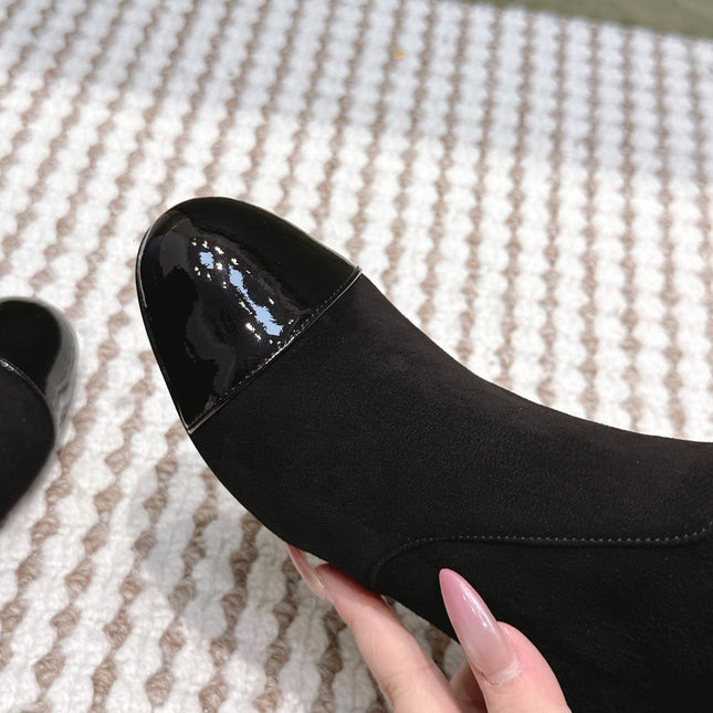 CHANEL 25S PEARL BOOTS IN BLACK SUEDE AND PATENT CALFSKIN