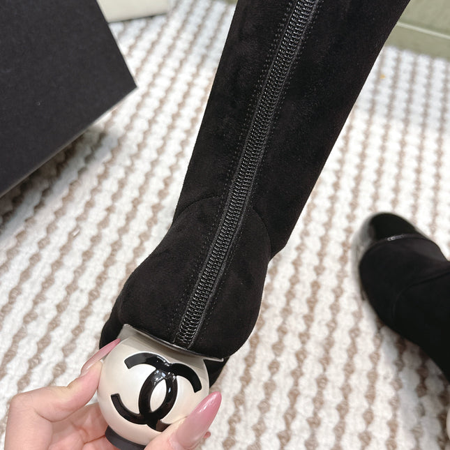 CHANEL 25S PEARL BOOTS IN BLACK SUEDE AND PATENT CALFSKIN