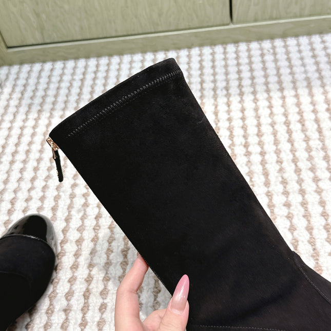 CHANEL 25S PEARL BOOTS IN BLACK SUEDE AND PATENT CALFSKIN