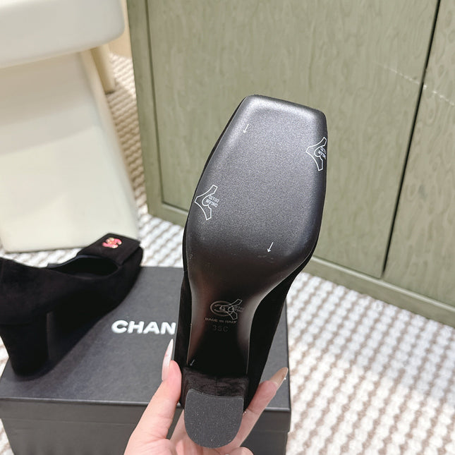 CHANEL 25S SLINGBACK SHOES 90MM IN BLACK SUEDE SQUARE TOE PINK HARDWARE