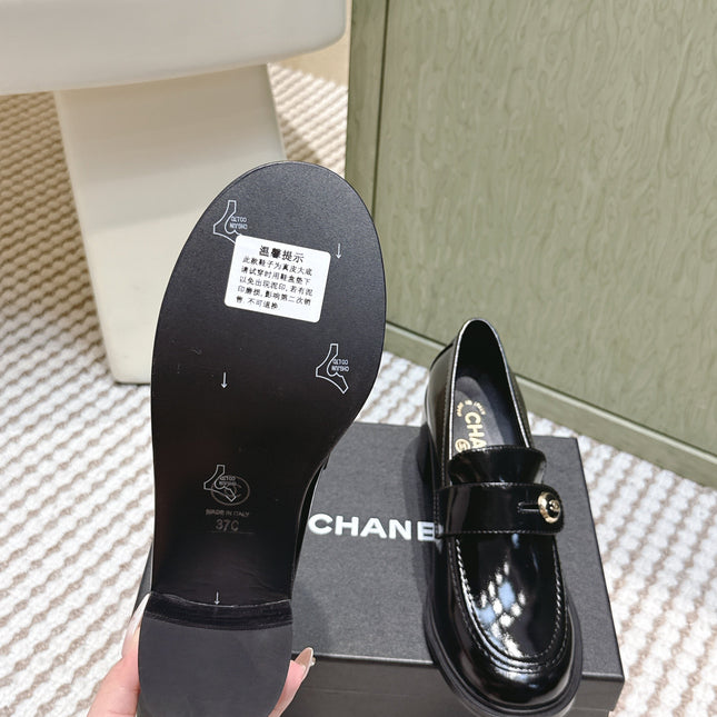 CHANEL 25S GODDESS MOCCASIN LOAFERS 65MM IN BLACK GLOSSY CALFSKIN GOLD HARDWARE