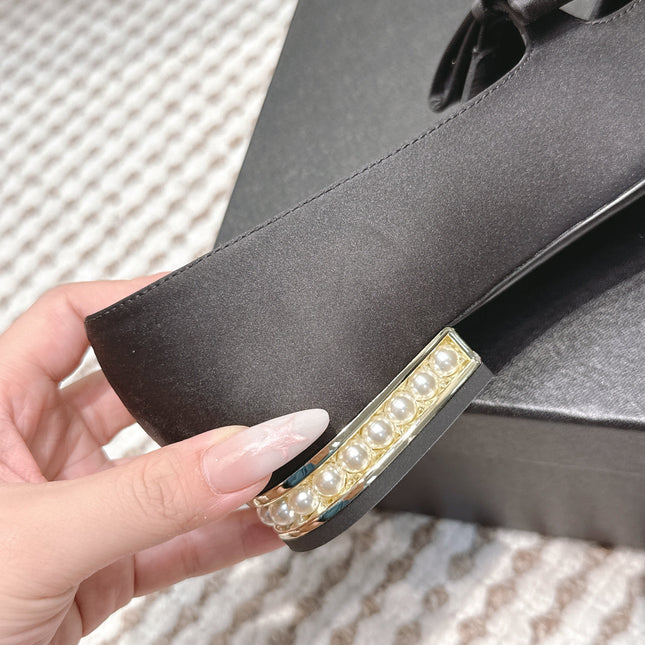 CHANEL 25S MARY JANE BALLET FLATS IN BLACK SILK WITH BOW