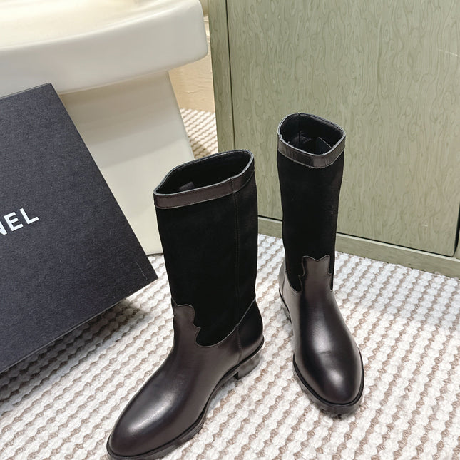 CHANEL 25S MID-CALF BOOTS IN BLACK SUEDE MIX CALFSKIN