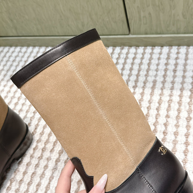 CHANEL 25S MID-CALF BOOTS IN TAN BROWN SUEDE MIX BLACK CALFSKIN
