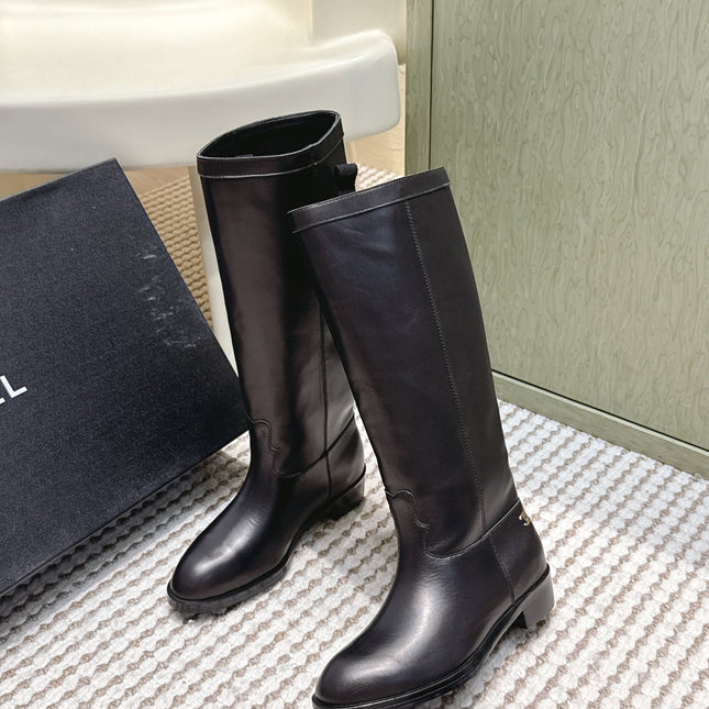 CHANEL 25S KNEE-HIGH BOOTS IN BLACK CALFSKIN