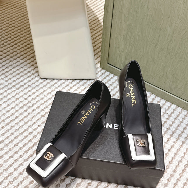 CHANEL 25S SLINGBACK SHOES 90MM IN BLACK CALFSKIN SQUARE TOE GOLD HARDWARE