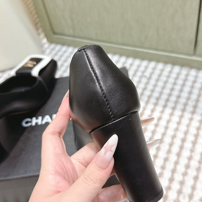 CHANEL 25S SLINGBACK SHOES 90MM IN BLACK CALFSKIN SQUARE TOE GOLD HARDWARE