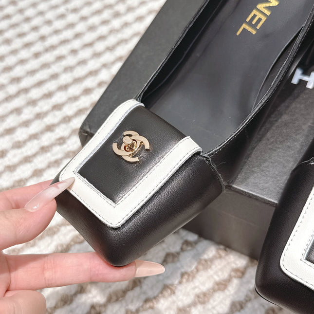 CHANEL 25S SLINGBACK SHOES 90MM IN BLACK CALFSKIN SQUARE TOE GOLD HARDWARE