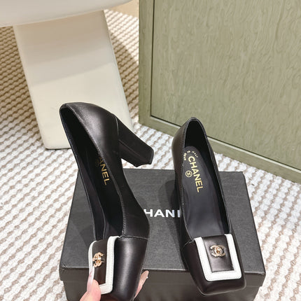 CHANEL 25S SLINGBACK SHOES 90MM IN BLACK CALFSKIN SQUARE TOE GOLD HARDWARE