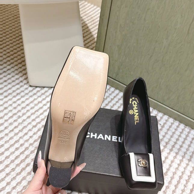 CHANEL 25S SLINGBACK SHOES 90MM IN BLACK CALFSKIN SQUARE TOE GOLD HARDWARE