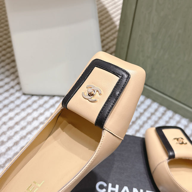 CHANEL 25S SLINGBACK SHOES 90MM IN BEIGE CALFSKIN SQUARE TOE GOLD HARDWARE