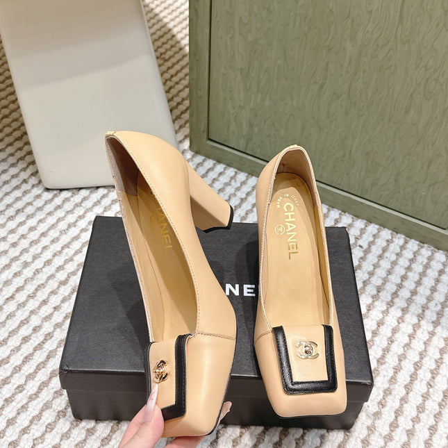 CHANEL 25S SLINGBACK SHOES 90MM IN BEIGE CALFSKIN SQUARE TOE GOLD HARDWARE