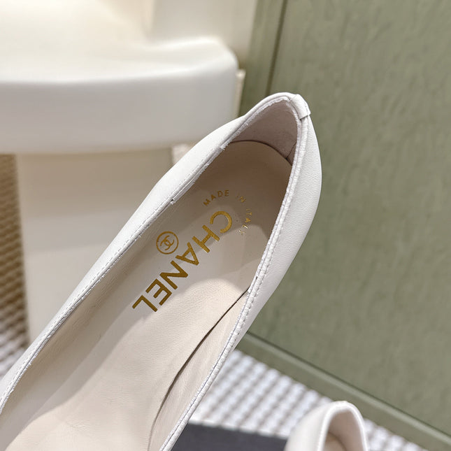 CHANEL 25S SLINGBACK SHOES 90MM IN WHITE CALFSKIN SQUARE TOE GOLD HARDWARE