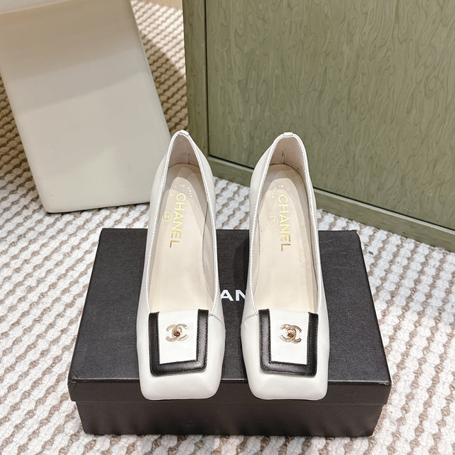 CHANEL 25S SLINGBACK SHOES 90MM IN WHITE CALFSKIN SQUARE TOE GOLD HARDWARE