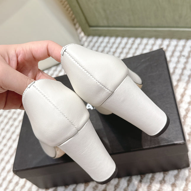 CHANEL 25S SLINGBACK SHOES 90MM IN WHITE CALFSKIN SQUARE TOE GOLD HARDWARE