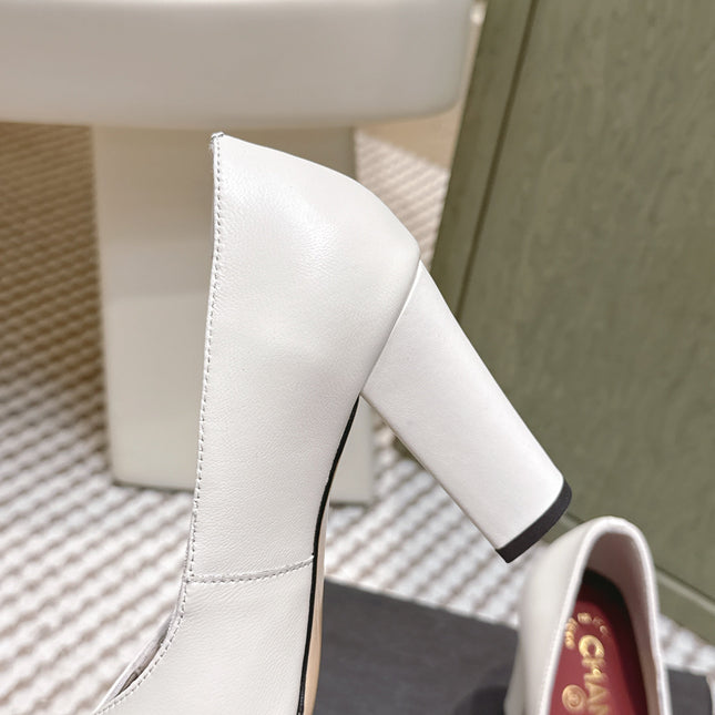 CHANEL 25S SQUARE-TOE HIGH HEELS 90MM IN WHITE AND BLACK CALFSKIN
