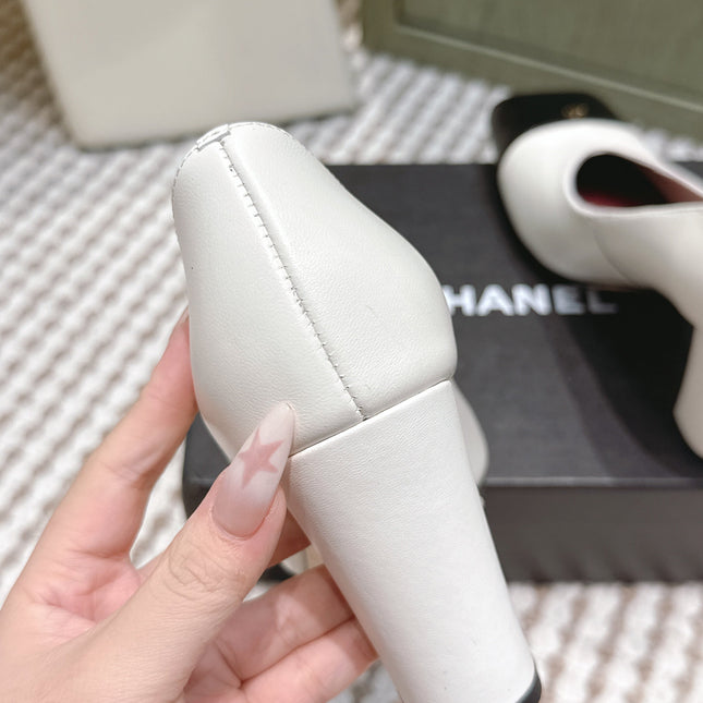 CHANEL 25S SQUARE-TOE HIGH HEELS 90MM IN WHITE AND BLACK CALFSKIN