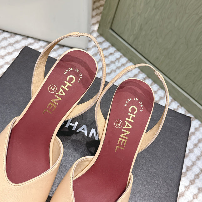 CHANEL 25S HIGH-HEELED SQUARE-TOE SLINGBACK 90MM IN DARK BEIGE AND BLACK CALFSKIN