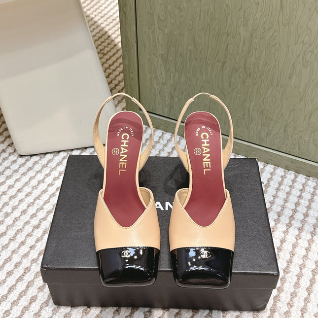 CHANEL 25S HIGH-HEELED SQUARE-TOE SLINGBACK 90MM IN DARK BEIGE AND BLACK CALFSKIN