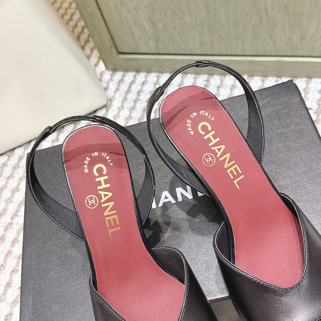 CHANEL 25S HIGH-HEELED SQUARE-TOE SLINGBACK 90MM IN BLACK CALFSKIN