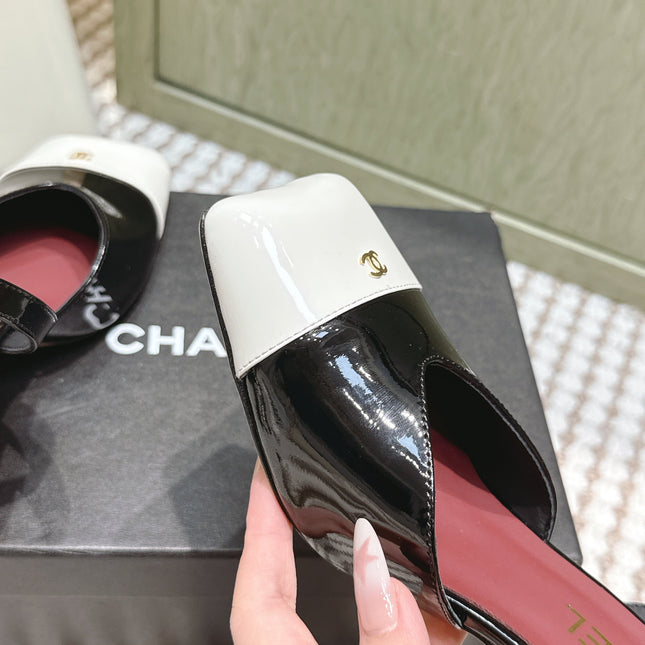 CHANEL 25S HIGH-HEELED SQUARE-TOE SLINGBACK 90MM IN BLACK AND WHITE CALFSKIN