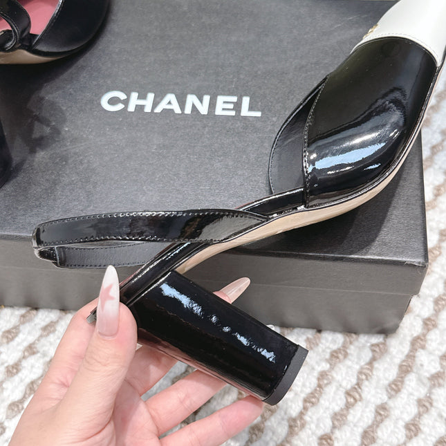 CHANEL 25S HIGH-HEELED SQUARE-TOE SLINGBACK 90MM IN BLACK AND WHITE CALFSKIN