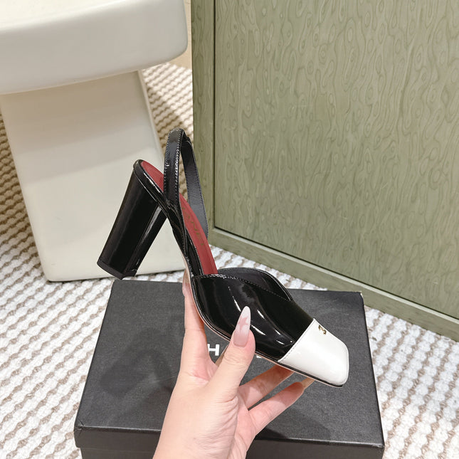 CHANEL 25S HIGH-HEELED SQUARE-TOE SLINGBACK 90MM IN BLACK AND WHITE CALFSKIN